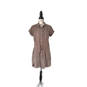 Love Stitch Olive Shirt Mini Dress Tencel Striped Button Front Drawstring Size M